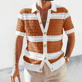Men's knitted polo neck cardigan short sleeve hollow breathable slim fit in grey