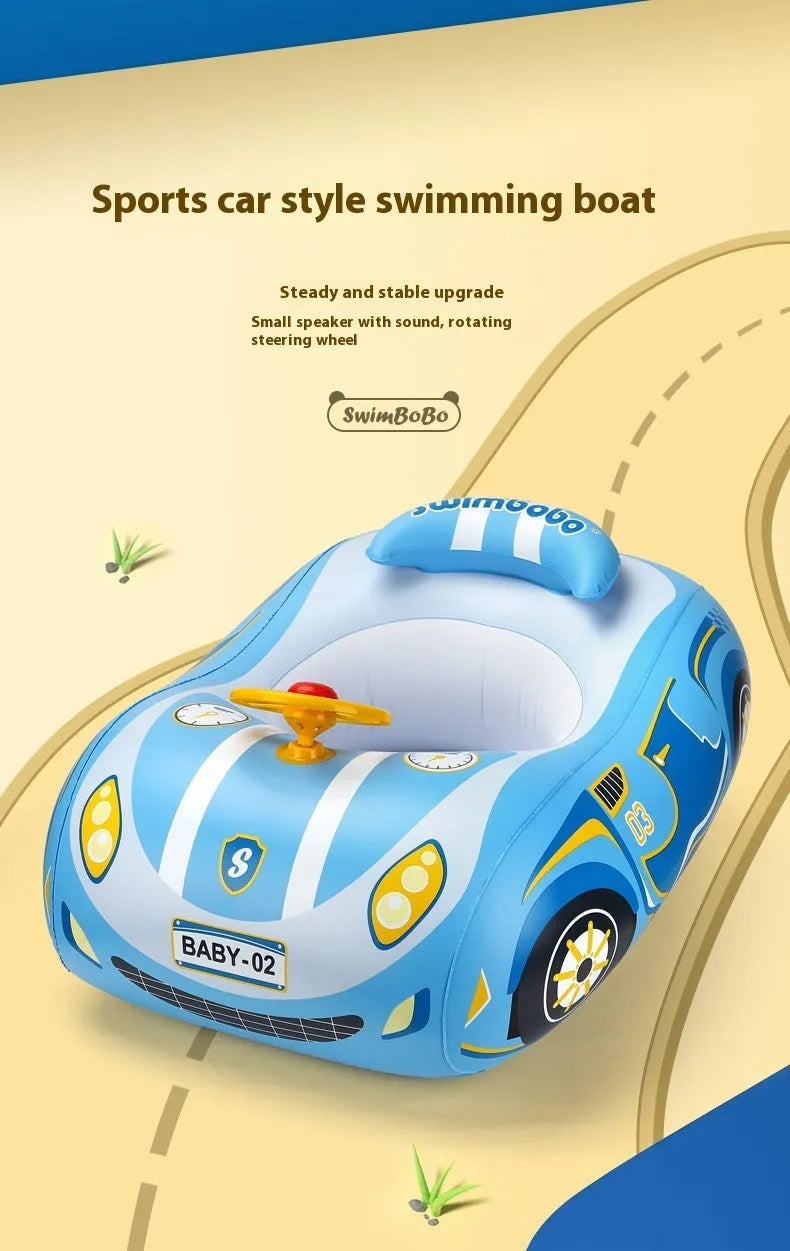Pink inflatable swimming ring for kids with a mini steering wheel and cartoon sports car boats design.