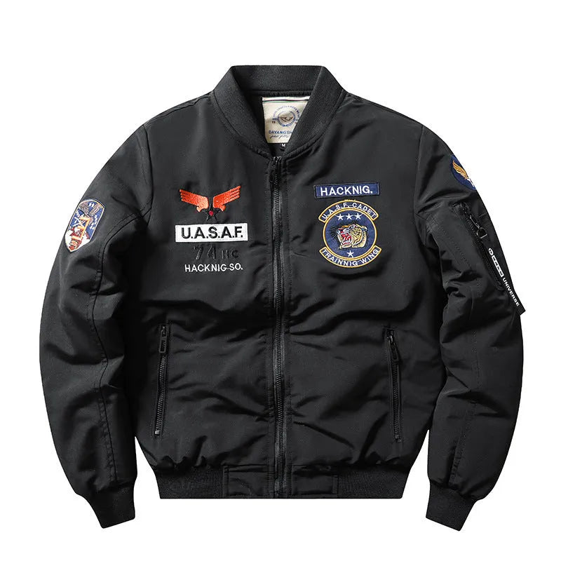 Men's slim-fit black retro cotton-padded coat with stand collar and patch pockets.