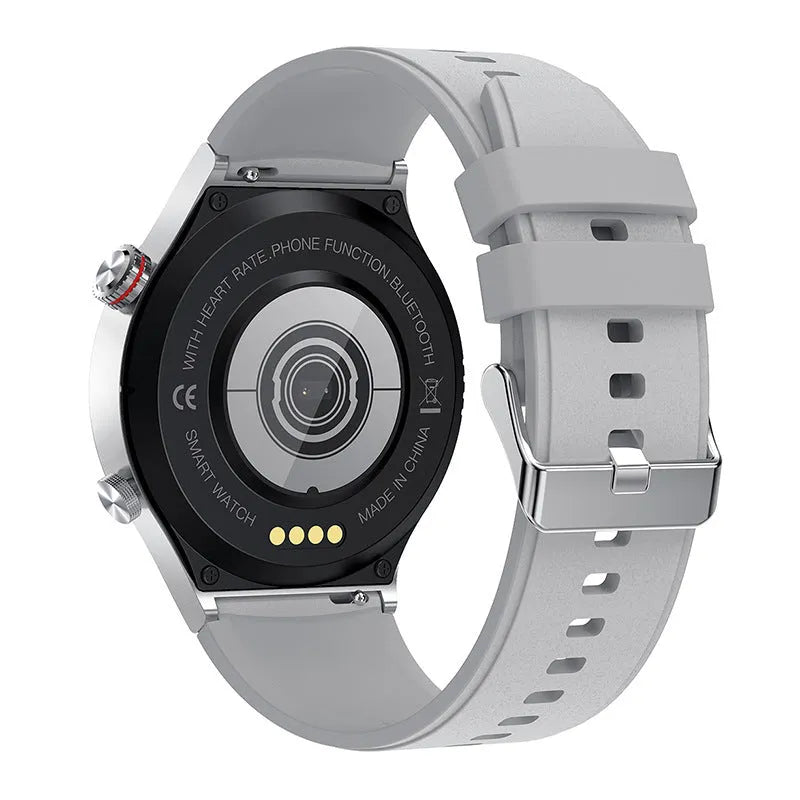Black smart Bluetooth sports watch with silicone band and 1.28-inch touch screen showing call notification.