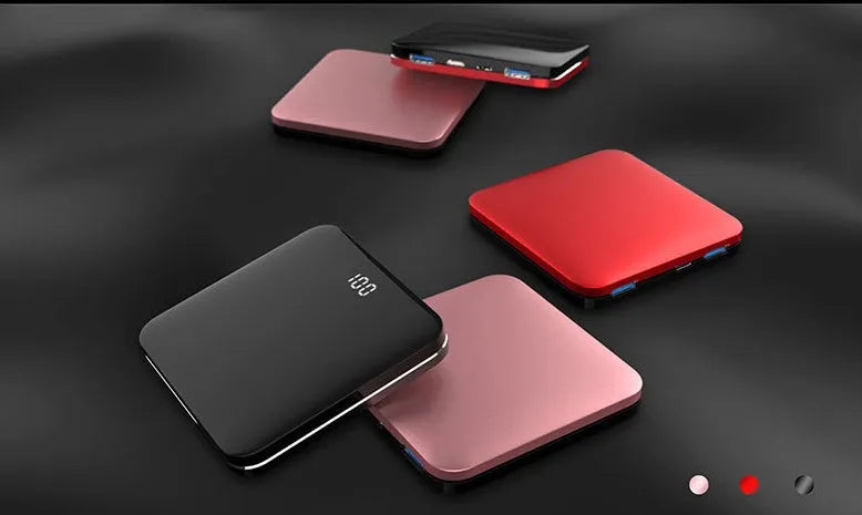 Ultra-thin mirror mini charging bank with LCD display and alloy shell in rose gold finish