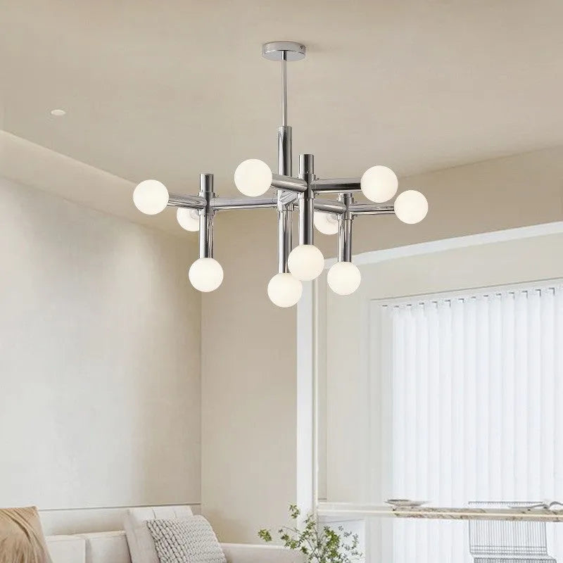 Nordic style chandelier with chrome finish, wrought iron frame, glass and aluminium details, 10 or 13 heads for restaurant or living room