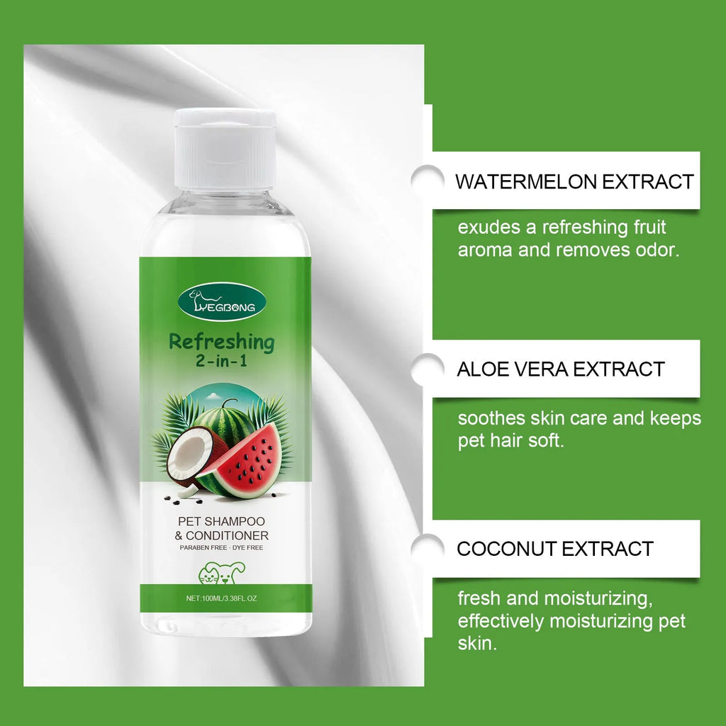 White bottle of pet 2-in-1 shampoo and shower gel, 100ml capacity, with label showing watermelon and coconut ingredients.