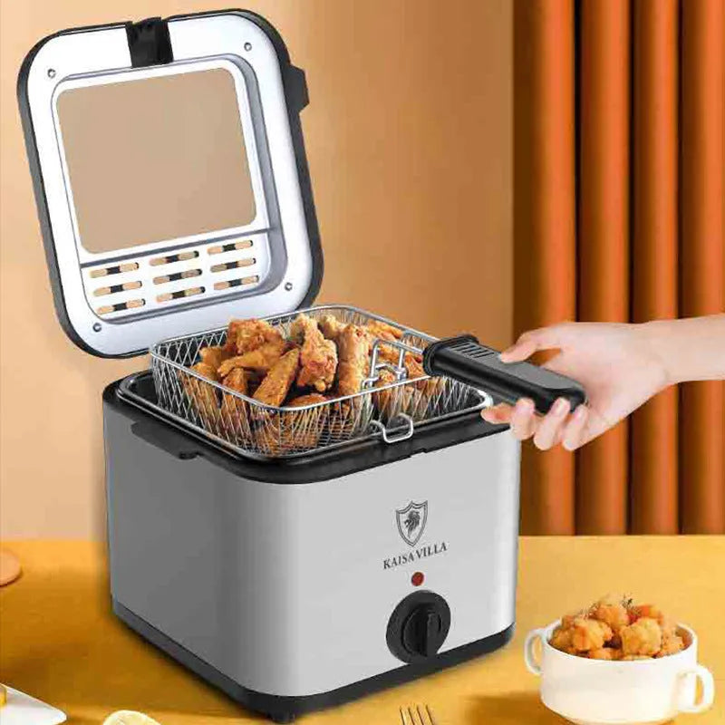 Silver 2.5-litre stainless steel electric air fryer with a detachable frying basket.