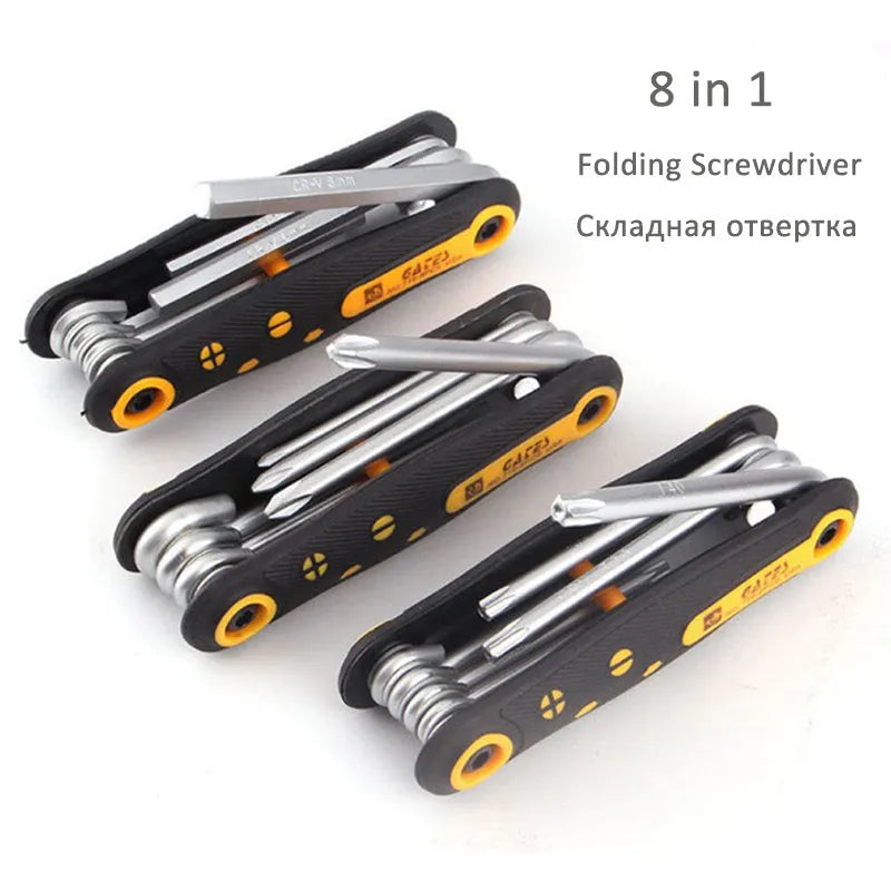 Folding 8-piece metric Allen wrench set in chrome vanadium alloy steel with fold-out hex, cross, and Plum Blossom keys