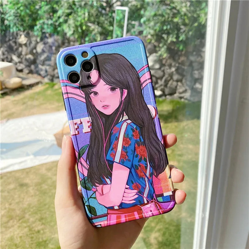 Soft rubber phone case with Japanese manga girl design featuring a girl eating bread, for iPhone