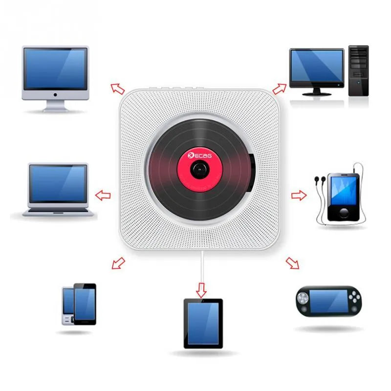 Compact portable CD player with Bluetooth and USB, 18.9cm square, ABS housing, remote control included