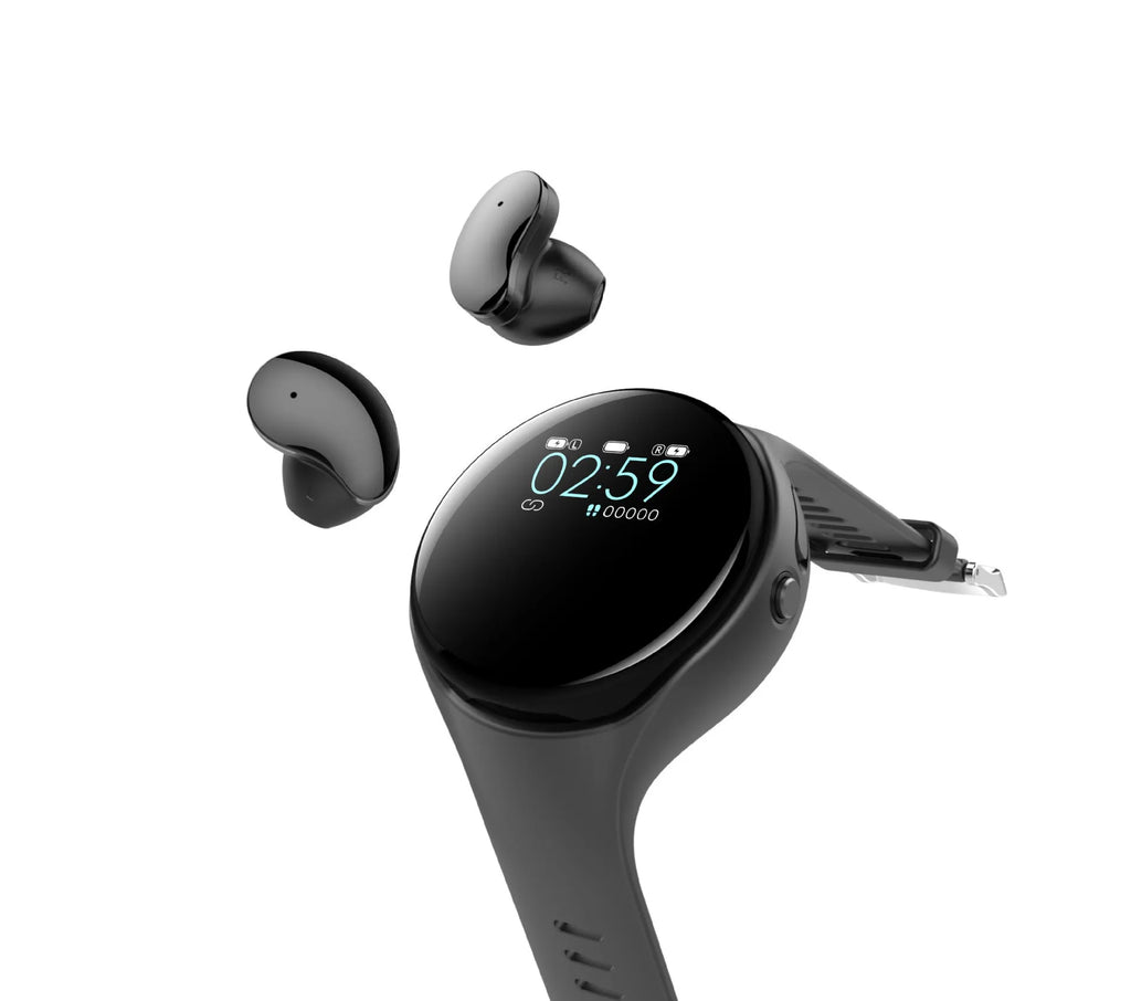 Black smart bracelet with detachable TWS Bluetooth earphones showing colour screen display