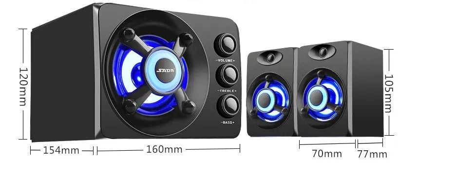 Desktop home speakers in black or white with 3.5mm audio cable, USB power, Bluetooth, USB and TF card playback.
