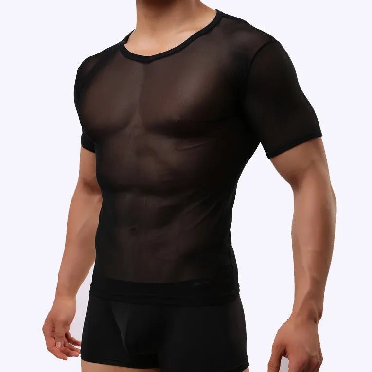 Men's slim fit mesh t-shirt in a solid colour, showcasing transparent nylon fabric and short sleeves.