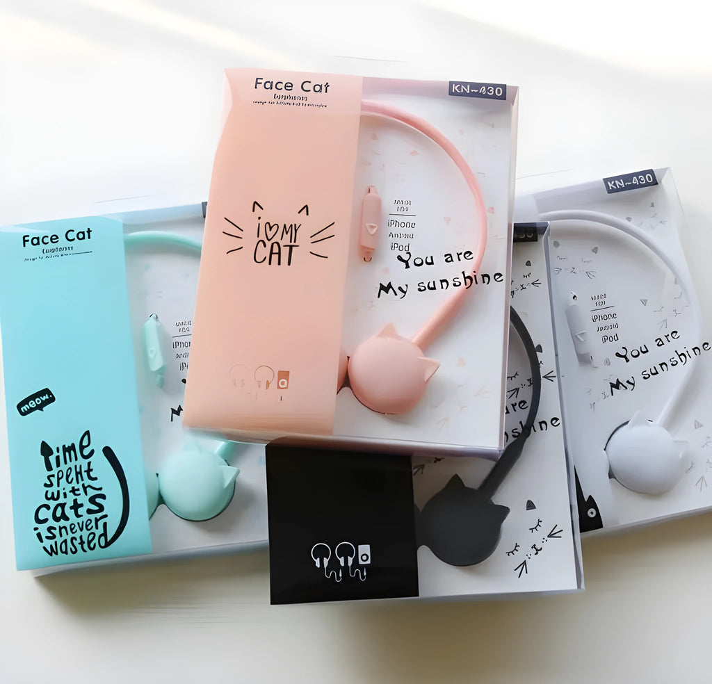 Wireless cat-themed earphones with silicone ear tips in blue colour on a white background