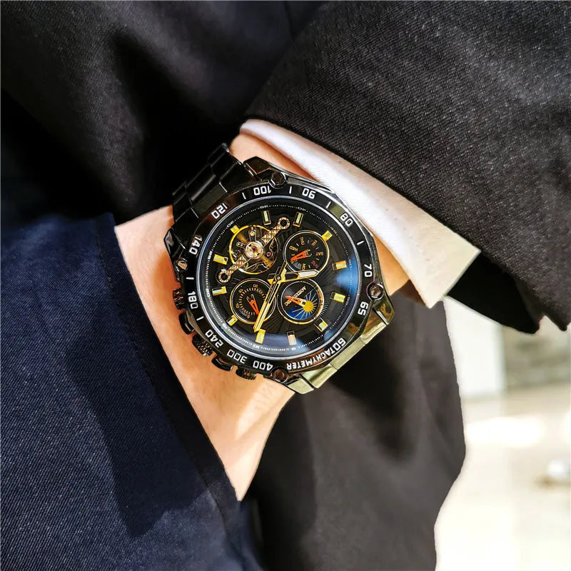 Men's automatic mechanical watch with a 12mm thick case shown in various colour combinations including silver and black.