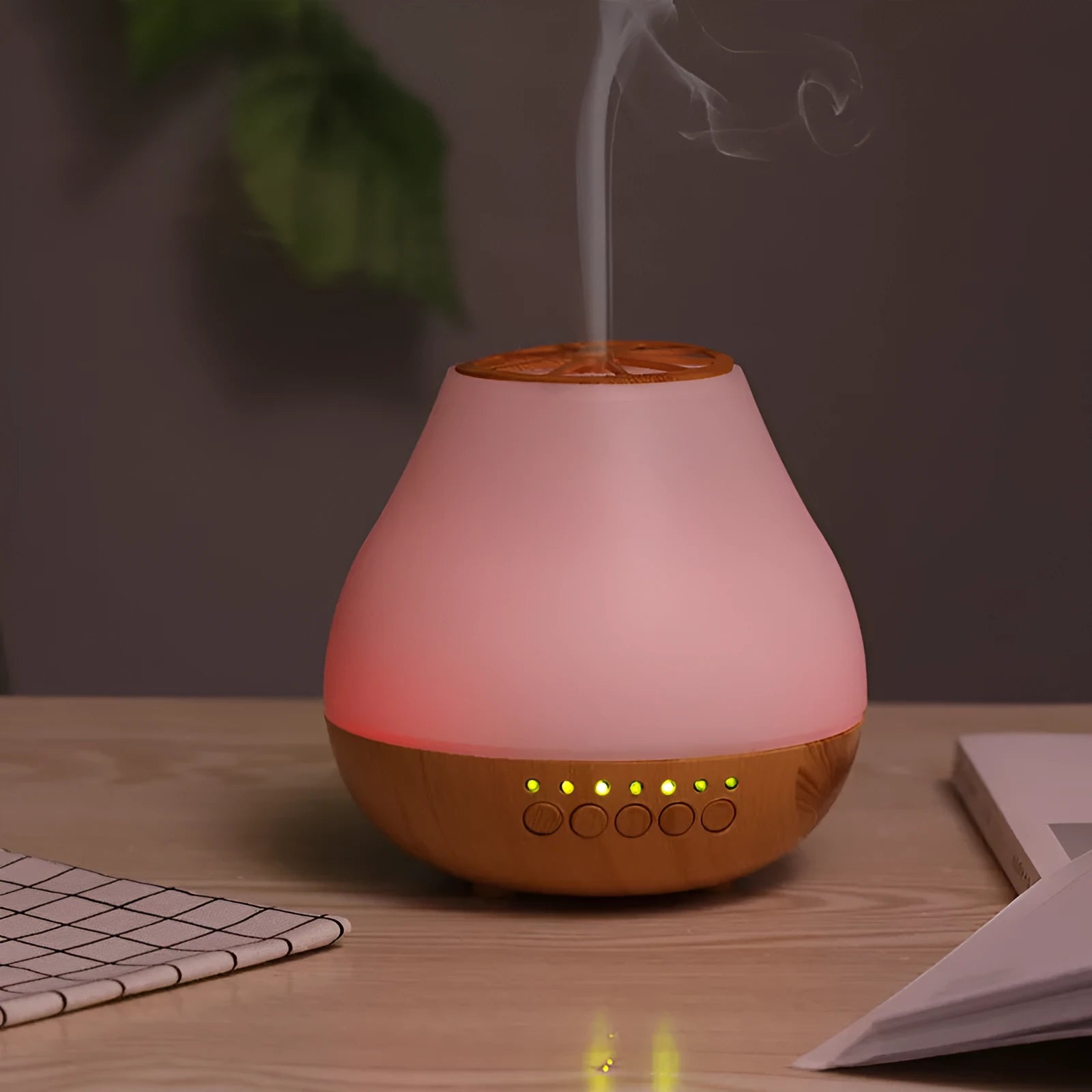 USB-powered ultrasonic essential oil aroma diffuser with wood grain finish and colourful LED lighting effects