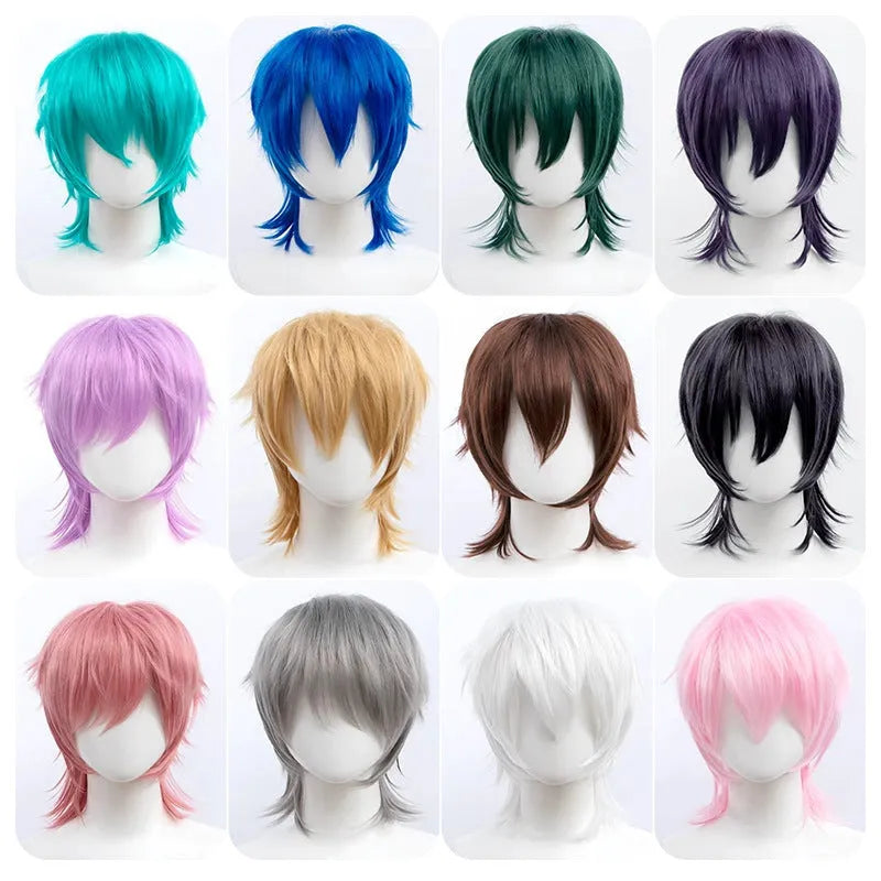 Short styled black and blue anime cosplay wig with a tail for men on a stand.