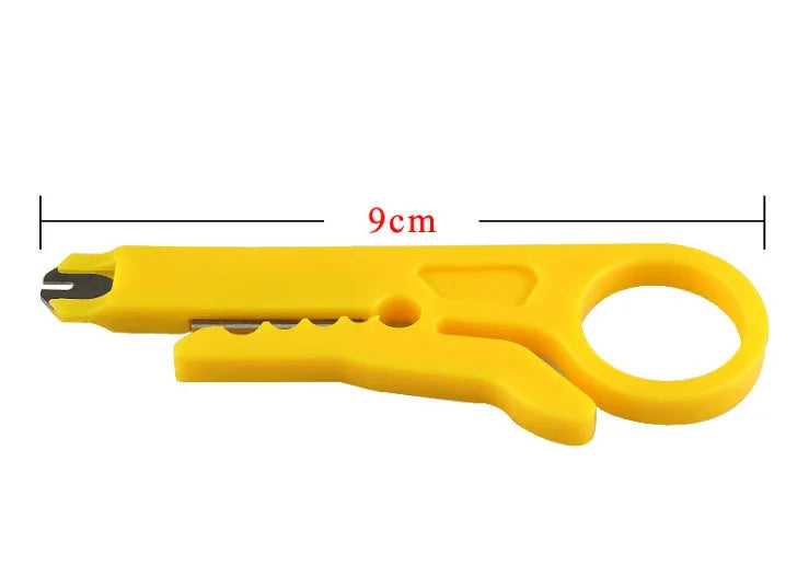 Yellow mini portable wire stripper tool with snap-in metal blade for 0.6mm cables.