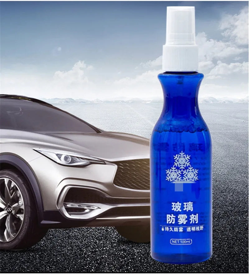Blue 100 ml bottle of windshield liquid-spray anti-fog agent for car glass rain and mist removal