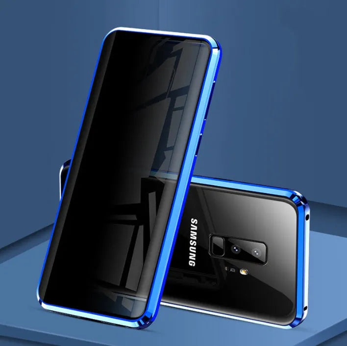 Black clamshell magnetic anti-peeping phone case for Samsung Galaxy phones, shown open and closed.