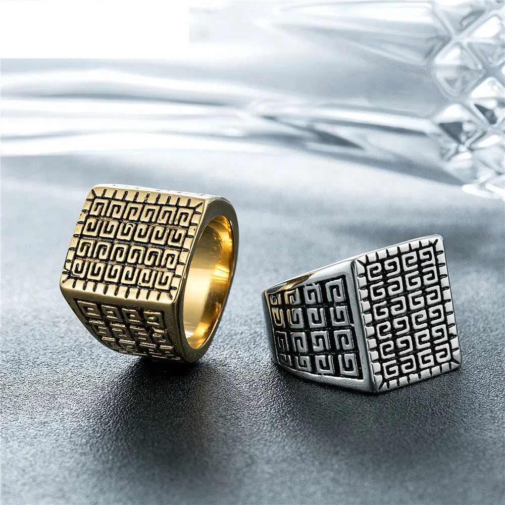 Square simple men's stainless steel ring in steel colour or gold, sizes No. 7 to No. 13