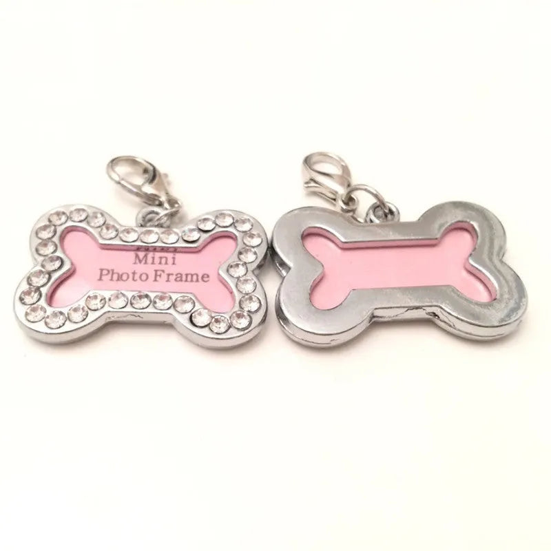 Metal diamond dog pendant necklace with pink bone pattern on a pet collar