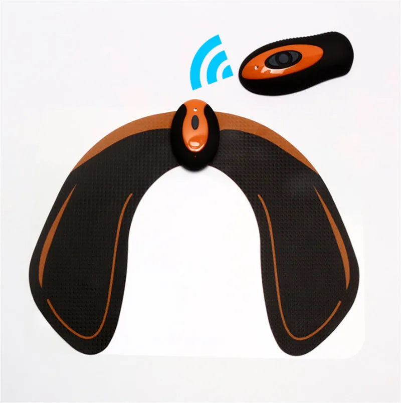 Compact EMS hip muscle training stimulator device with adhesive gel pads for buttocks and abdomen.