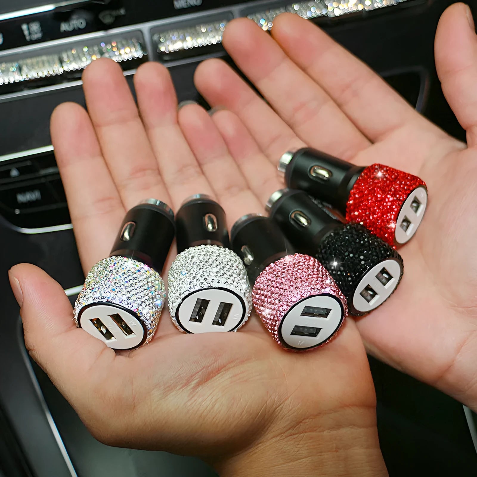Diamond-textured car USB charger with two ports for vehicle cigarette lighter socket