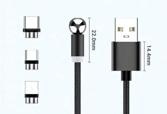 Black magnetic charging cable with spherical rotating connector next to a mobile phone.