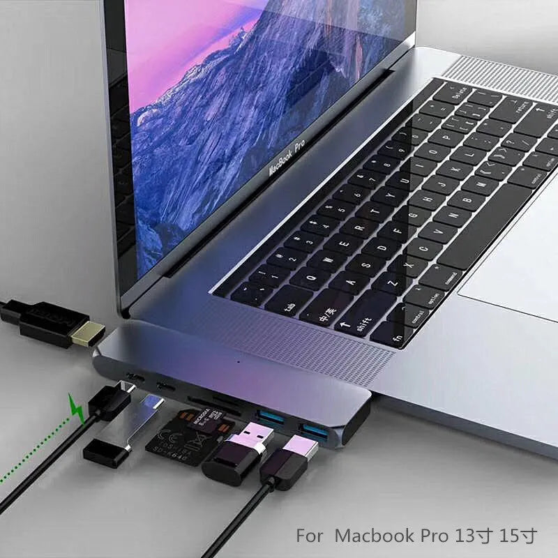 Dual Type-C hub T-808 seven-in-one docking station with HDMI 4K and USB-C PD charging in silver