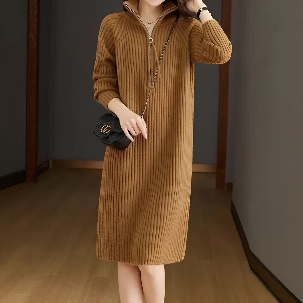 Beige woolen skirt with half zipper front and stand collar in loose casual straight dress style