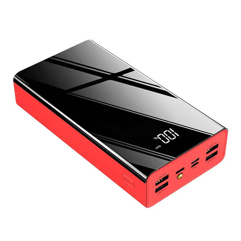 Black or red 40000 mAh power bank with digital LCD screen showing battery percentage.