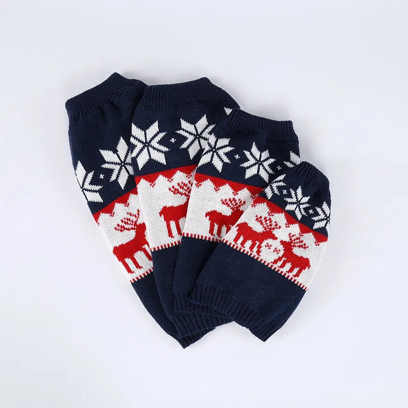 Navy blue knitted Christmas sweater for dogs showing European American styling on pet model