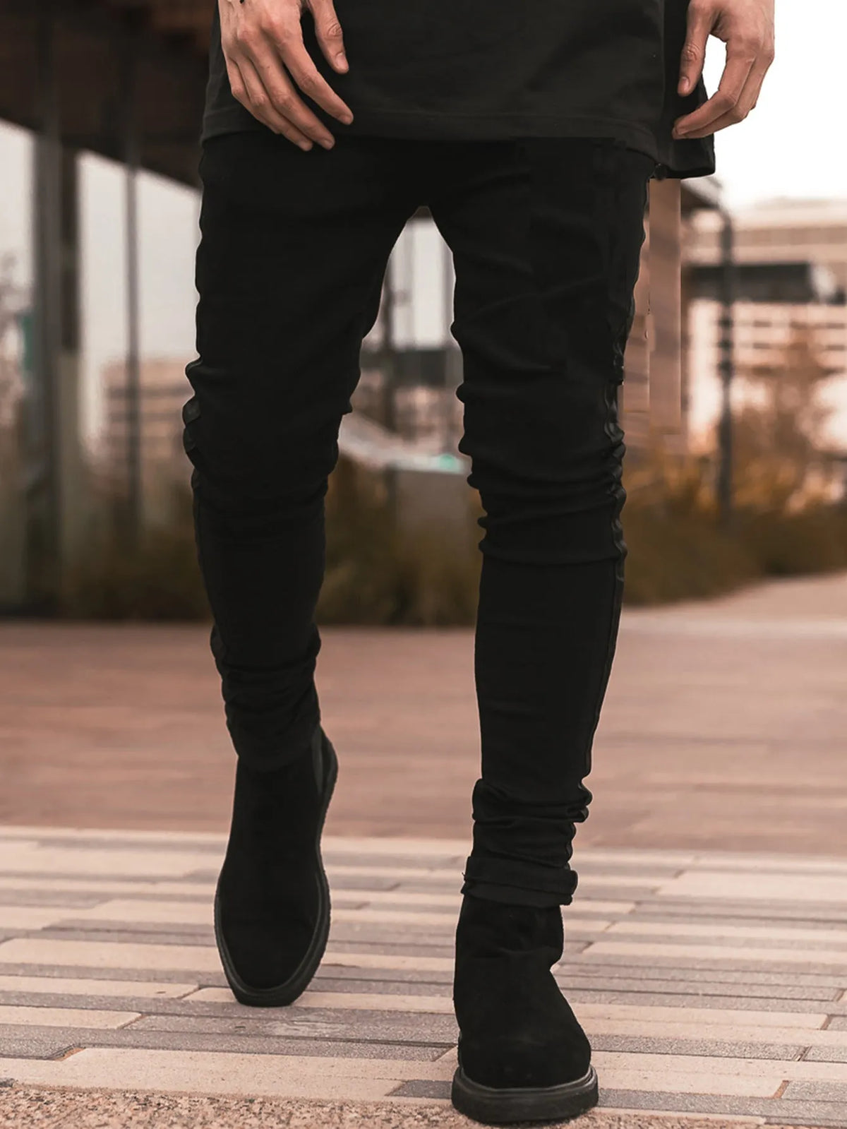 Men's ripped black slim-fit high elasticity cotton denim trousers, mid waist, sizes 28-36