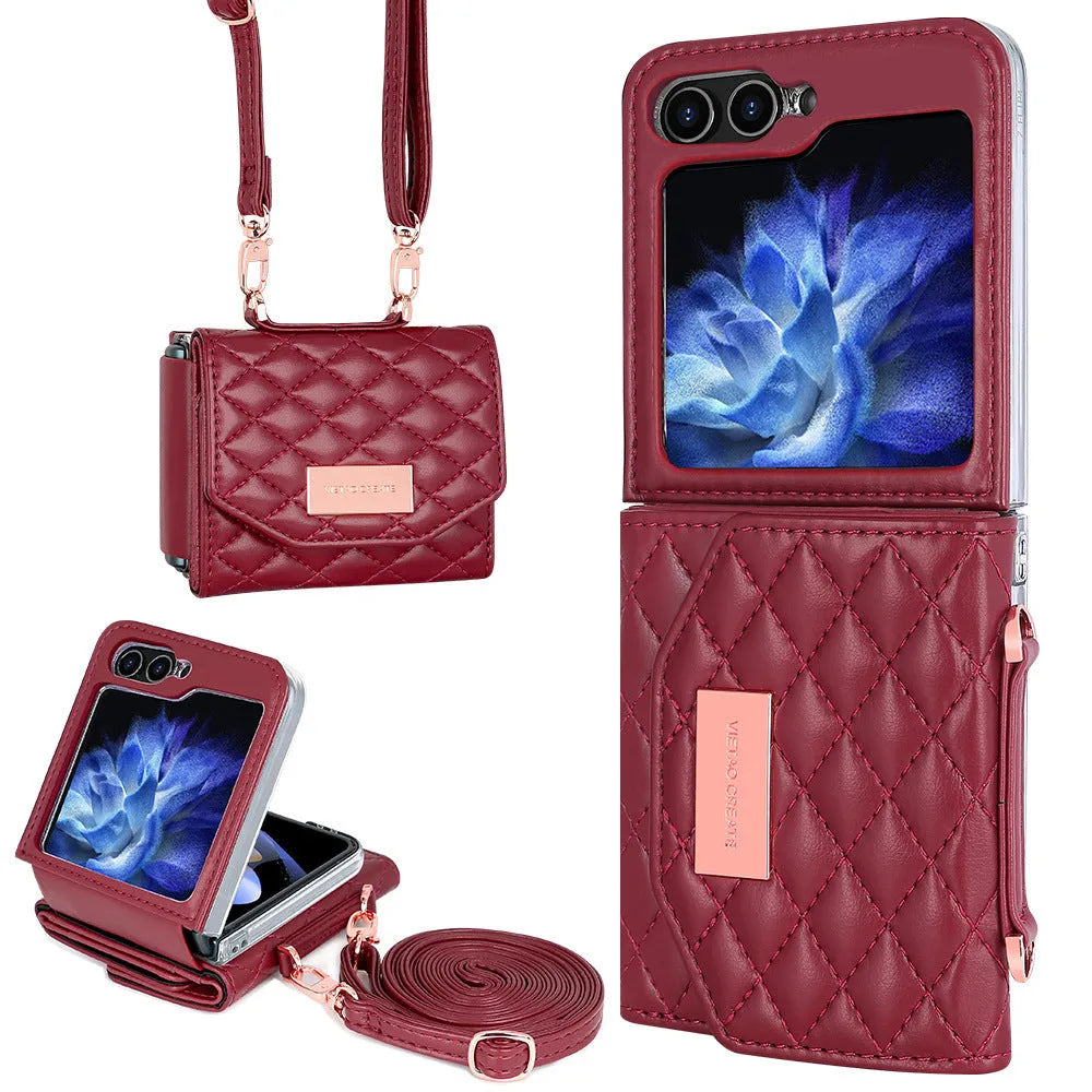 Fashion PU phone cover with lanyard and card slot for Samsung Z Flip in purple