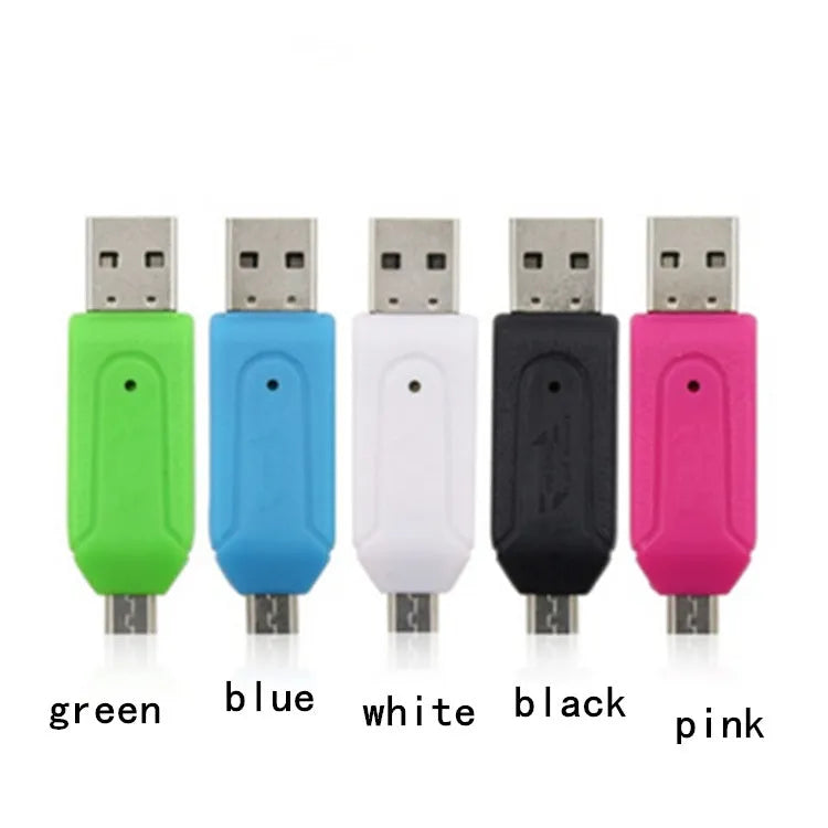 White micro USB OTG card reader for SD and TF memory cards next to an Android phone.