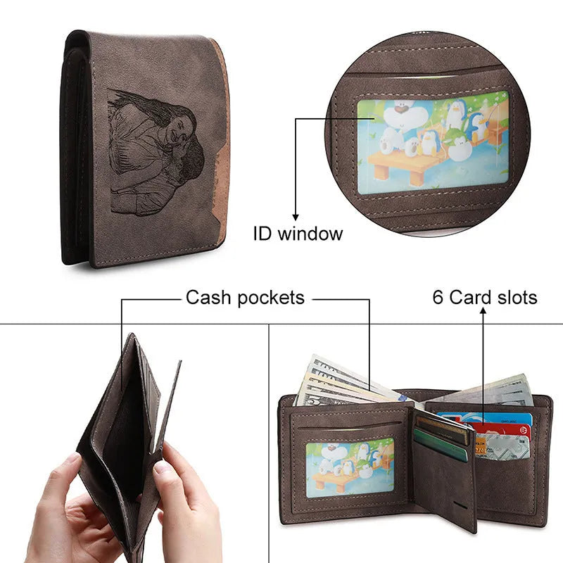 Coffee coloured horizontal short wallet with custom photo engraving and text personalisation.