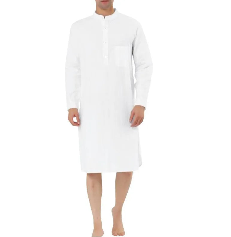Men's cotton shirt-style robe with pockets shown in various colours including light blue and dark grey