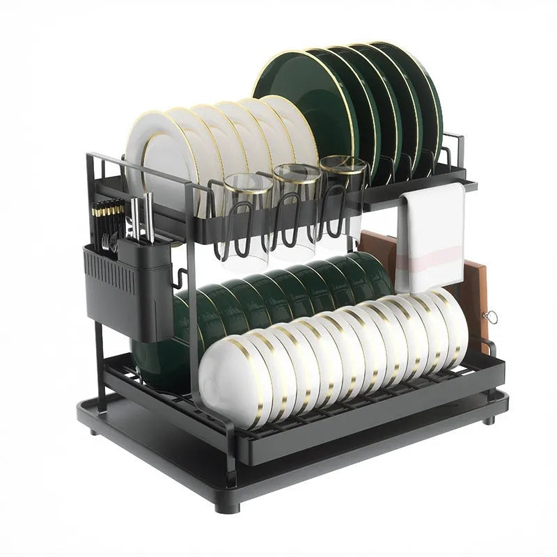White double-layer kitchen storage rack with removable shelves for draining and organisation.