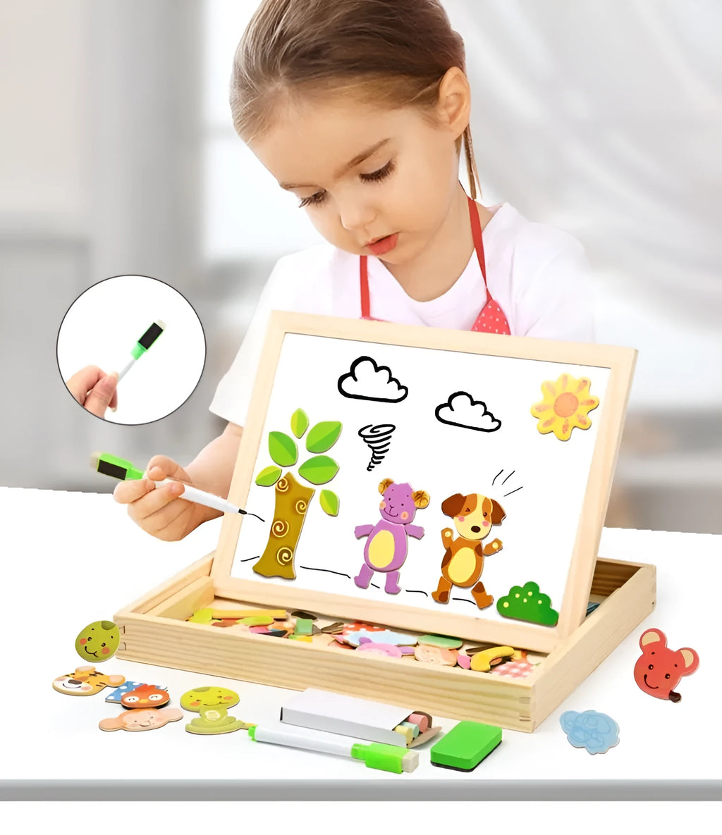 Wooden magnetic puzzle drawing board with animal circus theme pieces for children