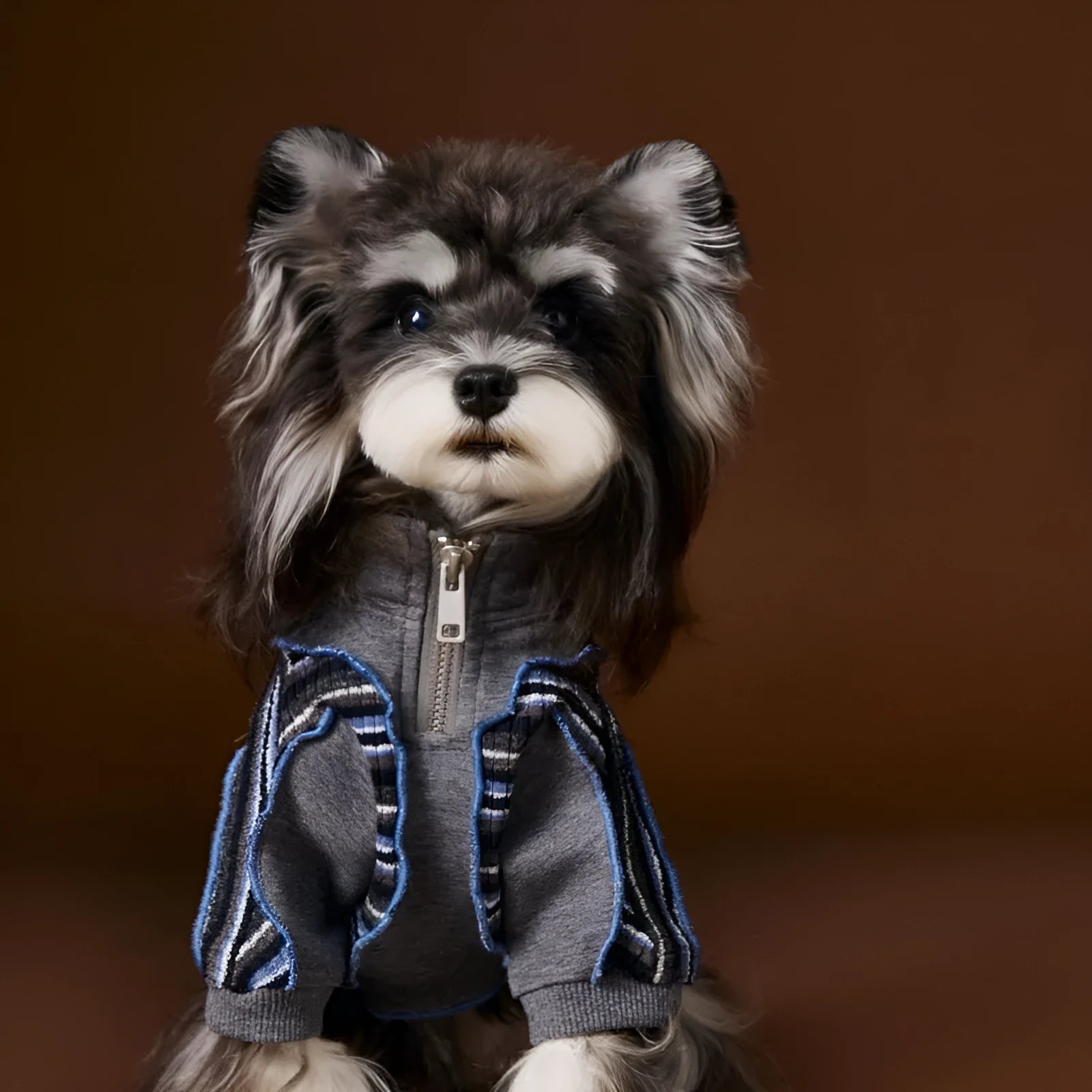 Striped blue polyester dog sweater with zipper front on a small dog, casual pet coat design for Schnauzer Teddy Bichon Yorkshire