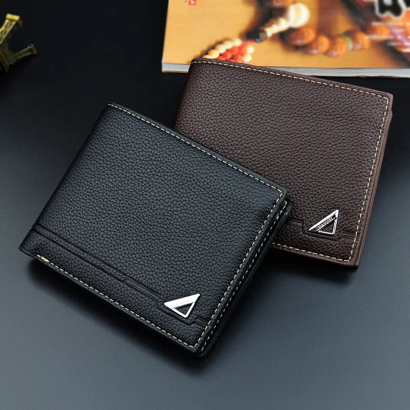 Men's short soft lychee pattern polyurethane leather wallet with multiple card slots and coin bag in black