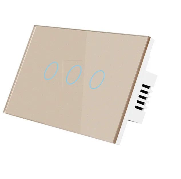 White 2-gang RF remote control touch light switch with tempered glass panel.