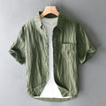 Men's apricot pure cotton loose fit casual short sleeve shirt on a hanger