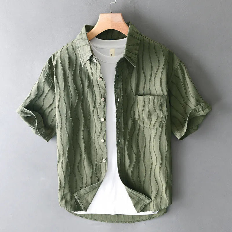 Men's apricot pure cotton loose fit casual short sleeve shirt on a hanger