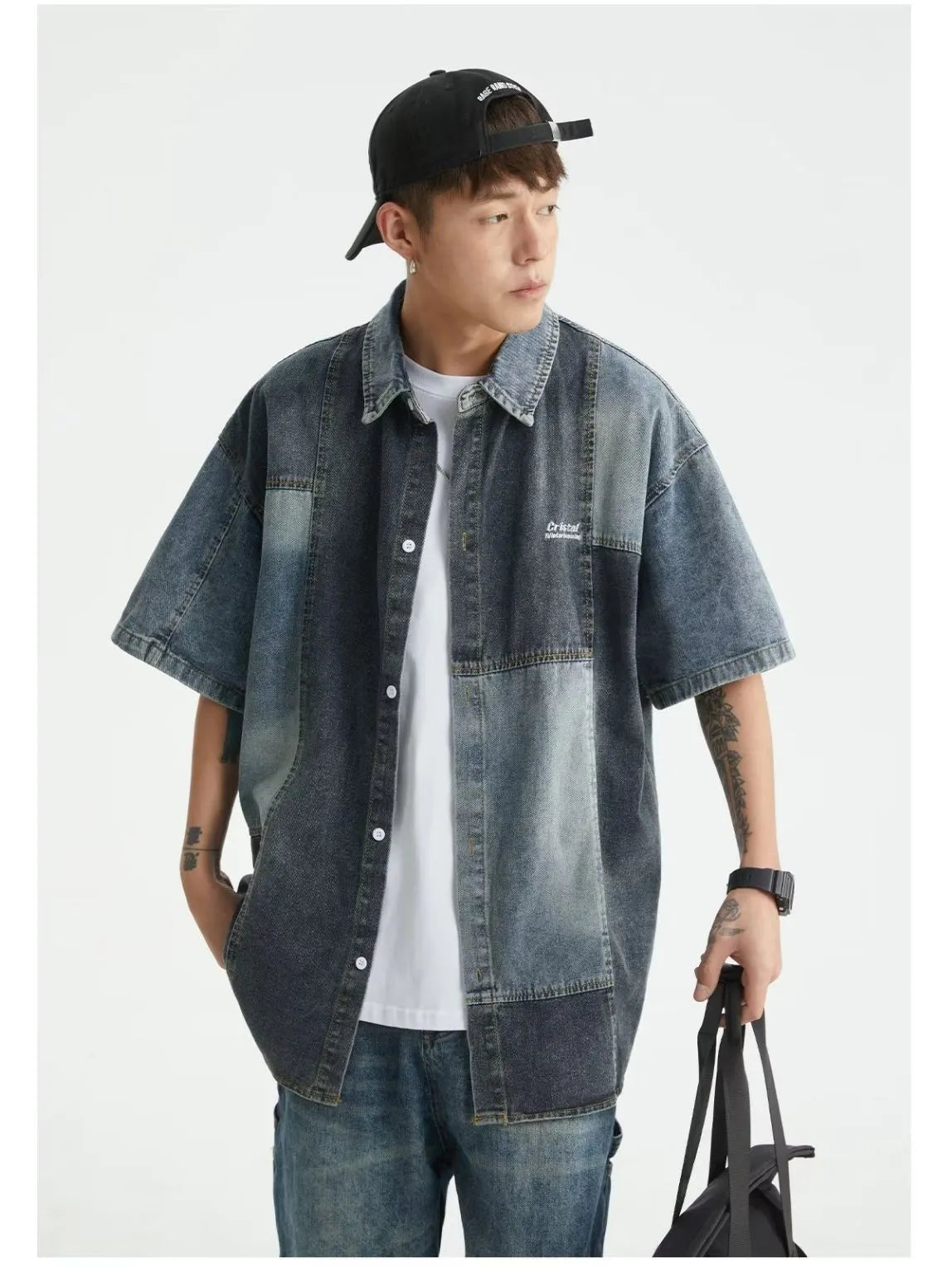 Blue Japanese-style retro denim shirt for men with loose cardigan fit and stitching detail