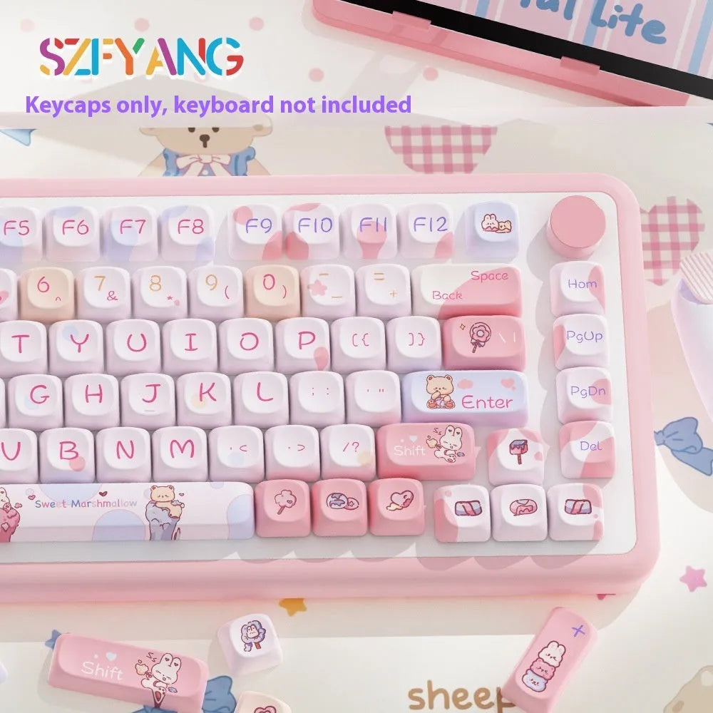 Sweet Cotton Candy coloured PBT keycap set for mechanical keyboards, showing 112-key and 120-key box options.