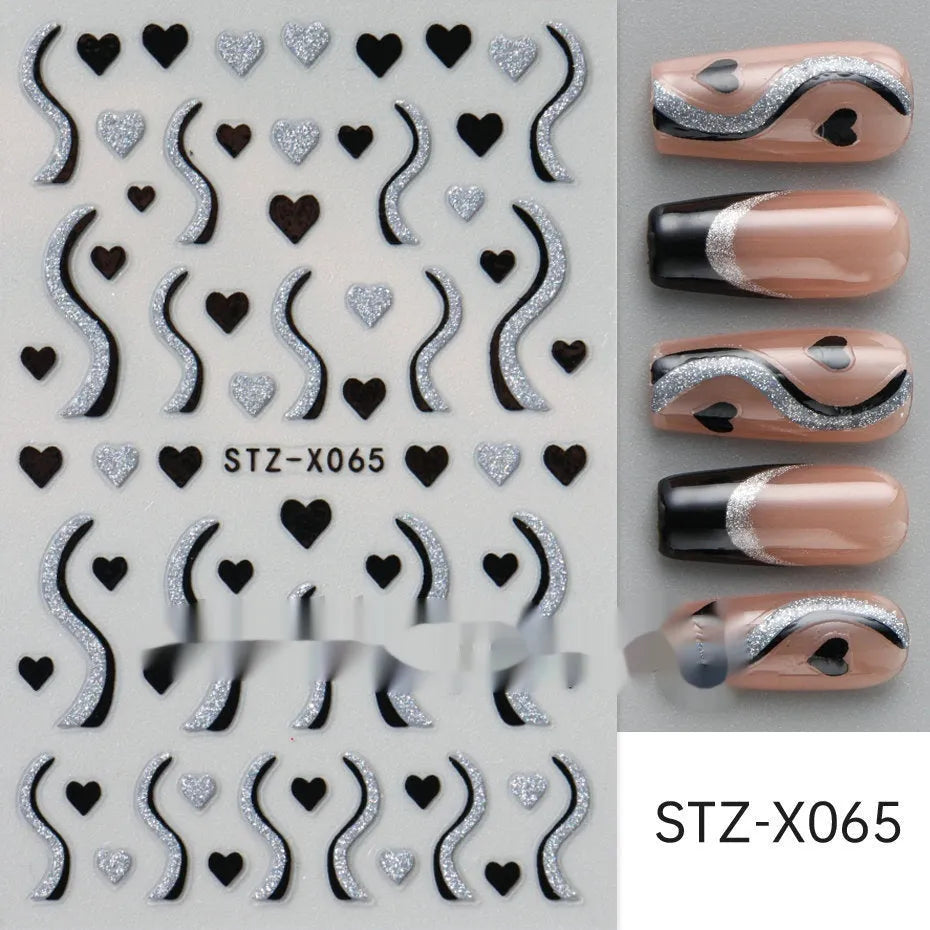 Black and silver striped cartoon pattern nail stickers with plastic application tool