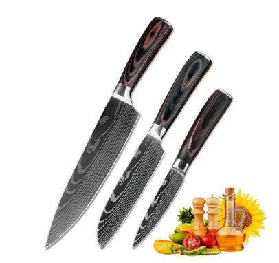 Carpenter's Special kitchen knife with laser Damascus pattern blade and coloured wood handle