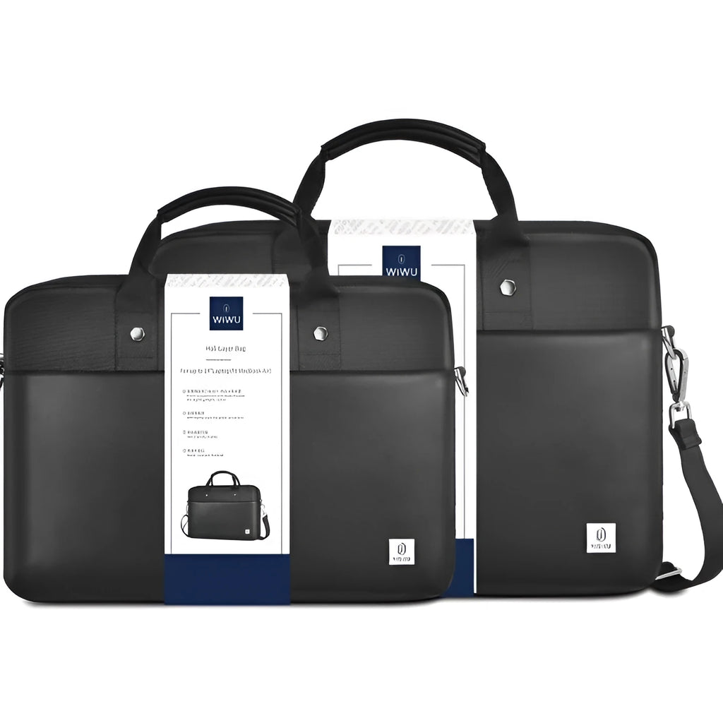 Black Oxford cloth laptop handbag showing multiple pockets and a lock, suitable for a 15.6-inch device.
