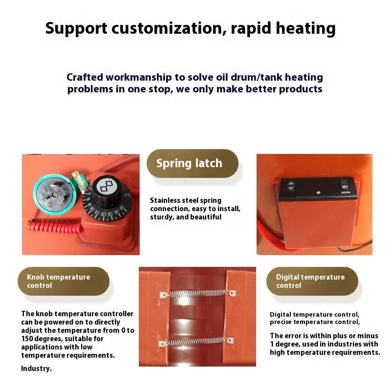 Silicone rubber heating belt wrapped around a 200-litre oil drum with digital display control.
