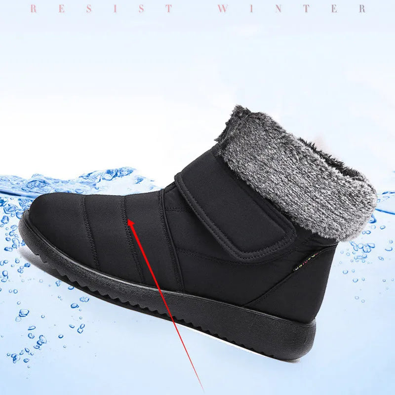Women's winter snow boots with plush lining, suede upper, velcro strap, flat heel, and anti-skid rubber sole in black.