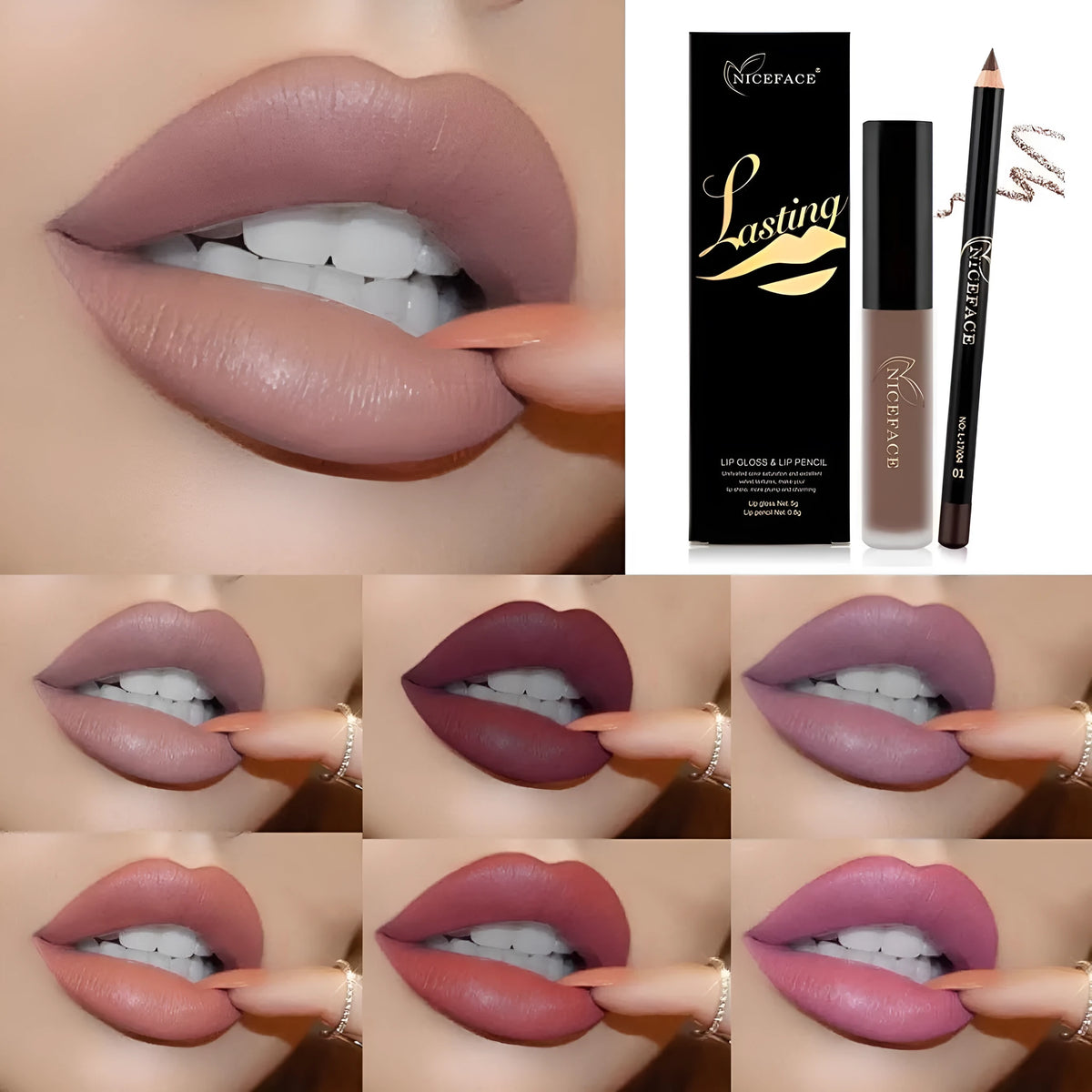 Matte lip gloss 5g and soft lip pencil 0.8g set in 12 colours with non-stick cup finish